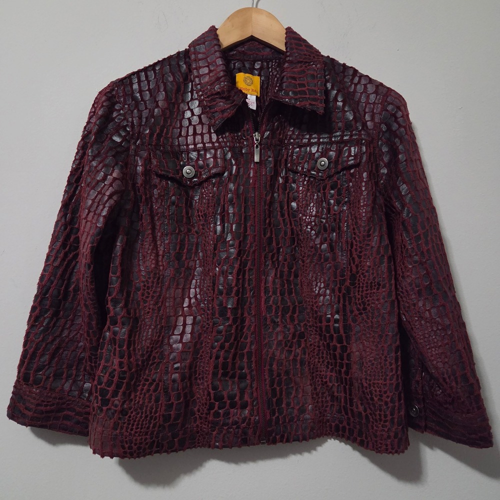 Ruby Rd Burgundy Faux Croc Print Zip Front Jacket Womens Size 10 Animal Print